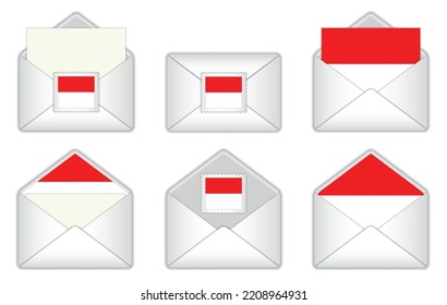 Indonesia flag in the envelope. Indonesian
 stamp flag. Opened, closed Indonesian letter, isolated on white background.