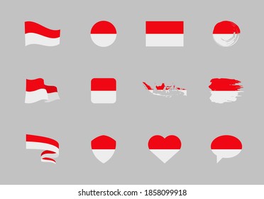 Indonesia flag - flat collection. Flags of different shaped twelve flat icons. Vector illustration set