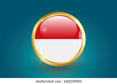 Indonesia flag in the form of a circle, can be used for independence day or other events. Indonesia icon gold glossy badge button with Indonesia flag and shadow on light background. EPS 10.