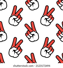 Indonesia flag in the form of a peace sign. Seamless background. Gesture V victory sign, patriotic sign, icon for apps, websites, T-shirts, souvenirs, etc., isolated on white background