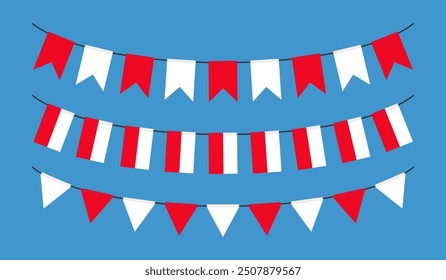  Indonesia flag garland hanging on ropes for Independence Day celebration. Indonesian flags isolated on blue background. Vector illustration.