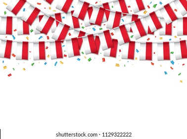 Indonesia flag garland white background with confetti, Hang bunting for Indonesian independence Day celebration template banner, Vector illustration