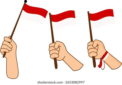 Bandera de Indonesia y la mano sobre fondo blanco. Ilustración vectorial
