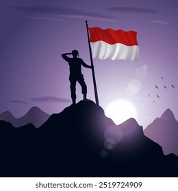 Bandera de Indonesia izada en la cima de una montaña con una puesta de sol púrpura al fondo, Ilustración vectorial