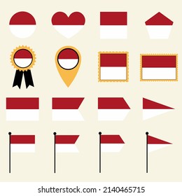 Indonesisches Flaggensymbol in 16 Formversionen eingestellt. Sammlung von Indonesisch Fahndungssymbolen mit Quadrat, Kreis, Herz, Dreieck, Medaille, Stempel und Ortsformen.