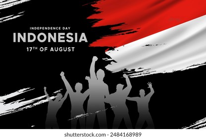 Indonesia flag Independence day grunge stroke iolated on black background. Red and White flag color.