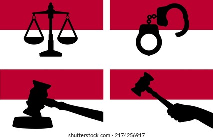 Indonesia flag with justice vector silhouette, judge gavel hammer and scales of justice and handcuff silhouette on country flag, Indonesia law concept, design asset, freedom idea