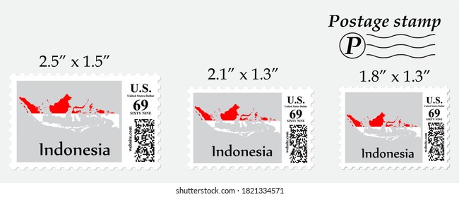 Indonesia flag map on postage stamp different size.