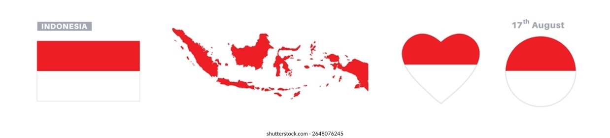 Bandera de Indonesia y conjunto de mapas Bandera de Indonesia en colores y proporciones oficiales Día de la Independencia 17 de agosto, mapa, círculo y forma de corazón Indonesia