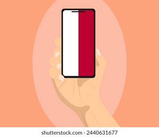 Indonesia flag on mobile phone screen, holding smartphone, advertising social media or banner concept, Indonesia flag showing on phone screen, technology news idea
