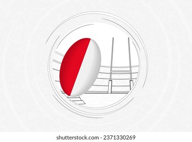 Indonesia flag on rugby ball, lined circle rugby icon with ball in a crowded stadium. Vector sport emblem on abstract background.