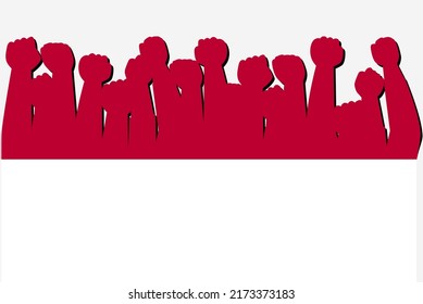Indonesische Flagge mit erhöhter Protesthand, Vektorgrafik, Logo des Landes, Indonesien Protestkonzept, flaches Design gegen Idee