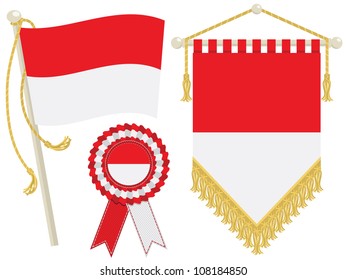 indonesia flag, rosette and pennant, isolated on white