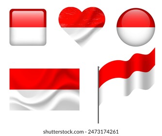 Indonesien Flagge mit Symbolen. Vektorgrafik-Fahne von Indonesien Symbol. Set von Indonesien Fahnen Button, geschwenkt, Herz.