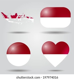 Indonesia flag set in map, oval, circular and heart shape.