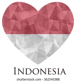 Indonesia flag shape heart in geometric rumpled triangular low poly origami style graphic illustration,mosaic polygonal style.Symbol of love to country.Retro or vintage style background.