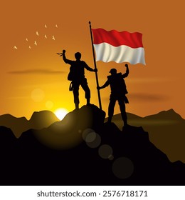 Indonesia flag, silhouette of two climbers holding flags at sunset