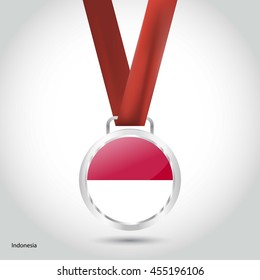 Indonesia Flag in Silver Medal. Vector Illustration. RIO Olympic Game silver Medal. Vector Illustration