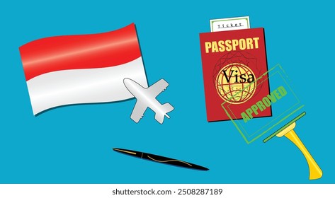 Indonesia flag with white plane icon. Passport with visa approved stamp. Black stylish Pen. Indonesian Travel poster. Editable vector EPS available