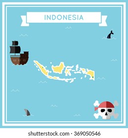Indonesia flat treasure map. Colorful cartoon treasure map of Indonesia with flat icons of pirate ship, jolly roger, treasure chest and banner ribbon. Flat design vector illustration.