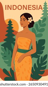 Indonesia. Flat vector illustration of Indonesian woman in traditional sarong standing in front of abstract Balinese architecture. Elegant illustration celebrating Indonesia's cultural richness