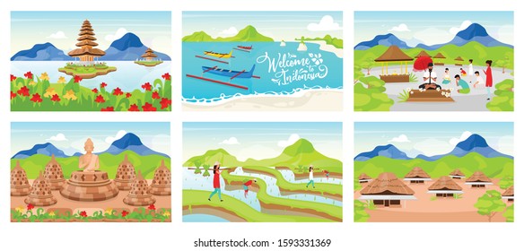 Indonesia flat vector illustrations set. Indonesian wooden houses. Pura Ulun Danu Bratan. Place of worship. Boats in lake. Rice plantation. Bali cartoon backgrounds collection