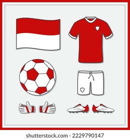 Indonesia Football Cartoon Vector Illustration. Football Jerseys And Football Ball Flat Icon Outline