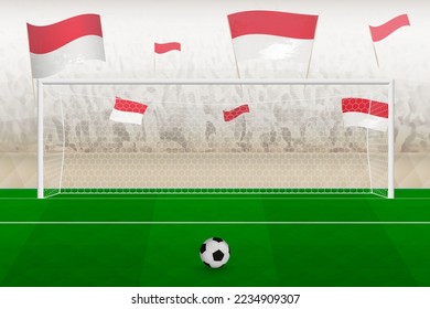 Indonesia football team fans with flags of Indonesia cheering on stadium, penalty kick concept in a soccer match. Sports vector illustration.