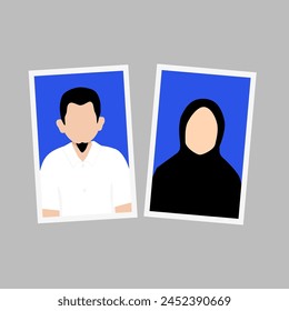 
Retratos de pareja musulmana formal de Indonesia, tema del libro de matrimonio. Fotos de hombre y mujer con camisa blanca y fondo azul