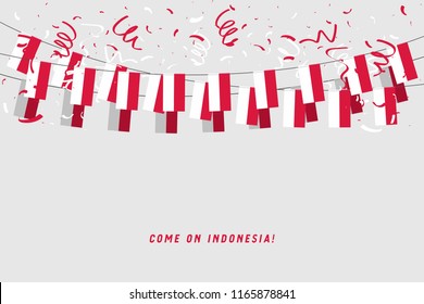 Indonesia garland flag with confetti on gray background, Hang bunting for Indonesia celebration template banner. vector