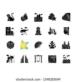 Indonesia glyph icons set. Tropical animals. Trip to Indonesian islands. Exotic culture. Unique fruits and plants. Nature and architecture wonders. Silhouette symbols. Vector isolated illustration