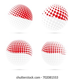 Indonesia halftone flag set patriotic vector design. 3D halftone sphere in national flag colors isolated on white background.
