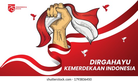 Indonesia Happy Independence Day Banner Design with Hand Clenched Illustration, Spirit of Freedom Symbol