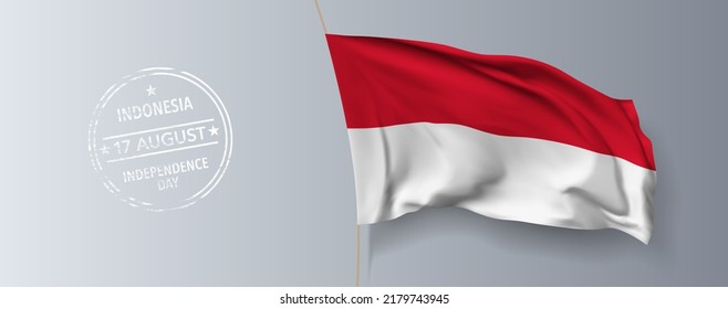 Indonesia happy independence day greeting card, banner with template text vector illustration. Indonesian memorial holiday 17th of August design element with 3D flag with stripes