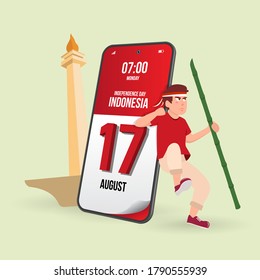 Indonesia Happy Independence Day,17 August poster with smartphone Illustration people