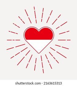 Indonesia heart with flag of the country. Sunburst around Indonesia heart sign. Vector illustration.