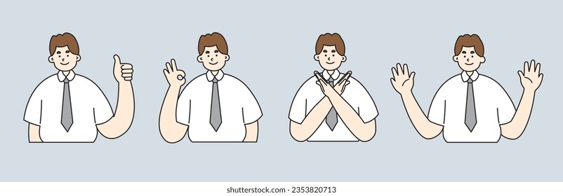 indonesia high school student pose set, thumbs up, okay, no, hello pose man edition