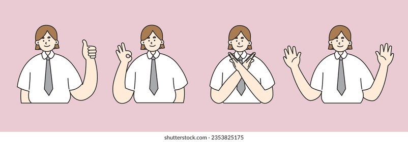 indonesia high school student pose set, thumbs up, okay, no, hello pose woman edition