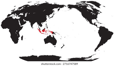 Indonesia destacada en un mapa del mundo centrado en el Pacífico con Vector sólido editable