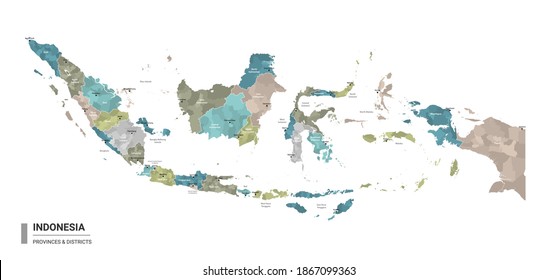 Indonesia higt detailed map with subdivisions. Administrative map of Indonesia with districts and cities name, colored by states and administrative districts. Vector illustration.