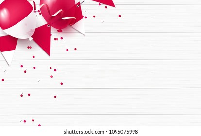 Indonesia holiday background with balloons, flag and confetti. Festive frame flat lay. Vector illustration