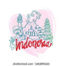  Indonesia icons and landmarks. Hand drawing illustration. 