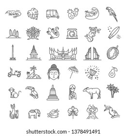 Indonesische Symbole gesetzt. Attraktionen, Liniendesign. Tourismus in Indonesien, einzelne Vektorgrafik. Traditionelle Symbole