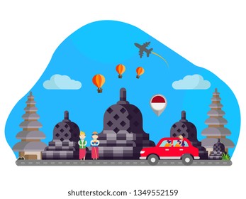 Indonesia Illustration of vector flat design postcard with famous world landmarks icons, traditional clothes