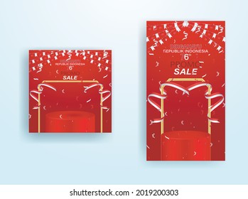 Indonesia indepedence day background. 17 August 1945 with podiums and flag confetti for sales promotion social media template, 17 august 76 years of indonesia, vector background