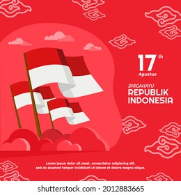 indonesia independence day 17 august with country flag and batik mega mendung background