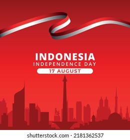 Indonesia independence day 17 august with landmark city Jakarta and ribbon flag vector illustration