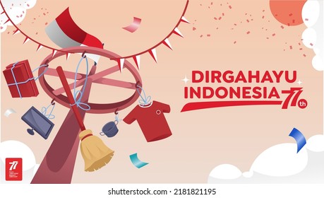 Indonesia independence day 17 august with traditional games concept illustration. 77 tahun kemerdekaan indonesia translates to 77 years Indonesia independence day