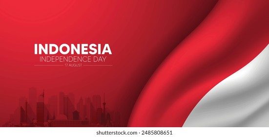 Indonesia Independence Day 17 August waving flag with cityscape vector poster