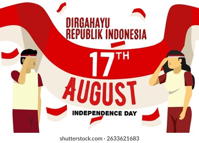 Indonésia Dia da Independência 17 de agosto com Alguém saudar a bandeira. 17 de agosto. Indonésia Feliz Dia da Independência Banner, e fundo de textura.